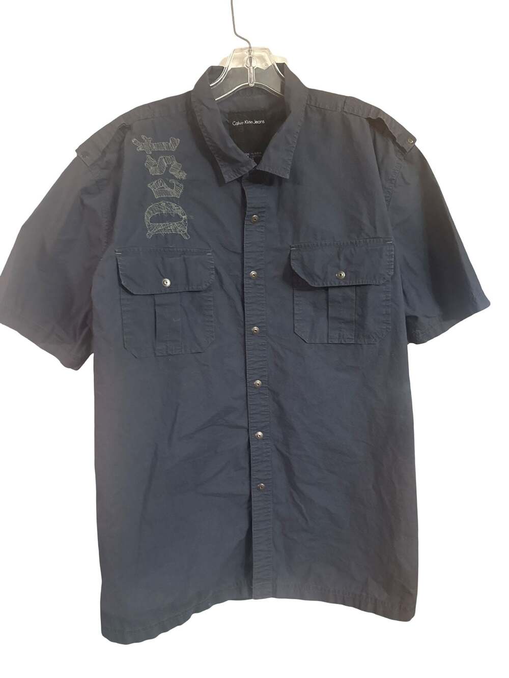 Calvin Klein Jeans Short Sleeve Button-Down Shirt with Back Graphic and Embroide